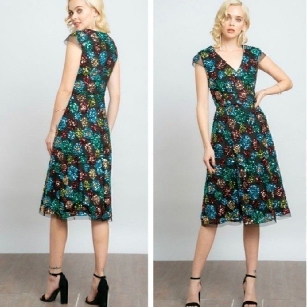 NWT Anthropologie Eva Franco Multicolor Sequined Holiday Party Midi Dress - Picture 3 of 16